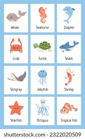 Tarjetas de volante de animales marinos. Aprendiendo vocabulario oceánico.