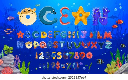 Fuente de animales marinos, tipo océano submarino. Dibujos animados divertidos tipo de letra del alfabeto inglés. Letras y números de ABC de Vector con lindos animales marinos y personajes de peces de mar sobre fondo de paisaje submarino