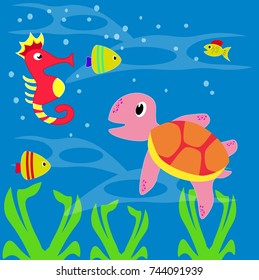 sea animal and friends. vector cartoon illustration