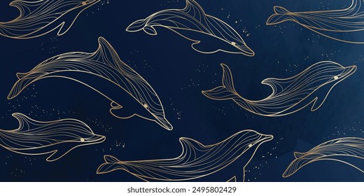 Sea animal golden line art on navy blue background vector. Wallpaper design with dolphin and watercolor texture. Ocean painting for wall decoration, interior, cover, banner, packaging, print.