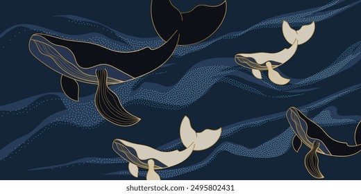 Sea animal golden line art on navy blue background vector. Wallpaper design with whale, sea wave spot texture. Ocean painting for wall decoration, interior, cover, banner, packaging, print.