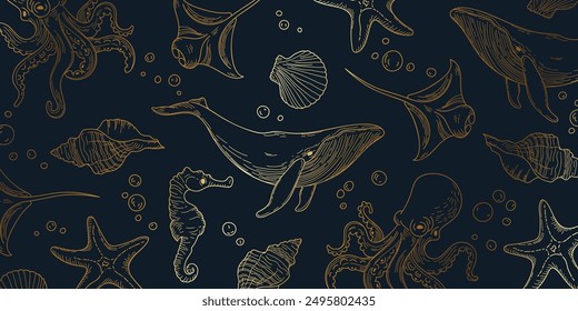 Arte de línea dorada de animal marino en Vector de fondo azul marino. Diseño de Fondo de pantalla con ballena, pulpo, raya, concha, mar __caballo, estrella de mar. Pintura oceánica para decoración de paredes, interior, Anuncio, impresión.