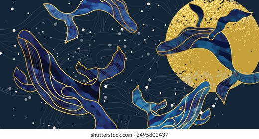 Sea animal golden line art on navy blue background vector. Wallpaper design with whale, sea wave, gold foil texture. Ocean painting for wall decoration, interior, cover, banner, packaging, print.