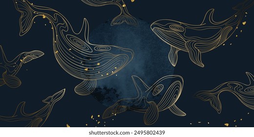 Sea animal golden line art on navy blue background vector. Wallpaper design with whale, gold foil glitter, watercolor. Ocean painting for wall decoration, interior, cover, banner, packaging, print.