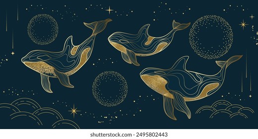 Sea animal golden line art on navy blue background vector. Wallpaper design with whale, gold foil and spot texture. Ocean painting for wall decoration, interior, cover, banner, packaging, print.