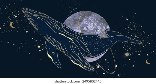 Sea animal golden line art on navy blue background vector. Wallpaper design with whale in cosmic. Ocean painting for wall decoration, interior, cover, banner, packaging, print.