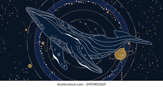 Sea animal golden line art on navy blue background vector. Wallpaper design with whale in cosmic. Ocean painting for wall decoration, interior, cover, banner, packaging, print.