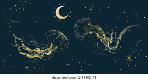 Sea animal golden line art on navy blue background vector. Wallpaper design with jellyfish, moon, gold foil texture. Ocean painting for wall decoration, interior, cover, banner, packaging, print.