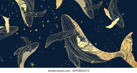 Sea animal golden line art on navy blue background vector. Wallpaper design of whale with flower pattern. Ocean painting for wall decoration, interior, cover, banner, packaging, print.