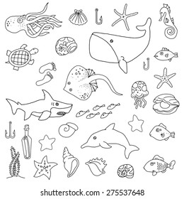 Sea animal hand drawn set, vector illustration