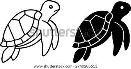 Sea animal icon, vector illustration of sea turtle, black and white in outline and silhouette design