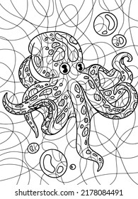 Sea animal. Isolated octopus with air bubbles. Page outline of cartoon. Zen tangle style. Hand draw