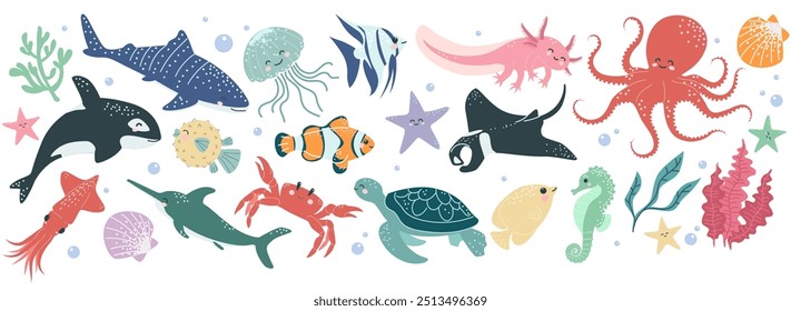 Sea animal life. Fish funny childish decor, octopus, dolphin and lobster with face, shell, marine creature. Cute cartoon character. Ocean baby pattern. Vector underwater wildlife doodle illustration