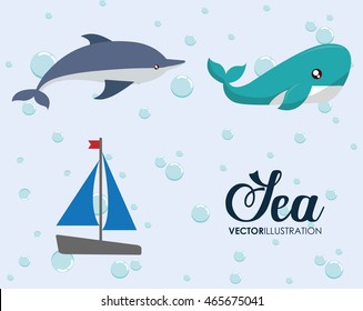 Sea animal and lifestyle design represented by cartoon icon set. Colorfull and flat illustration. 