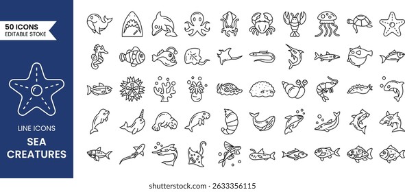 Sea Animal line editable icon set. Vector illustration