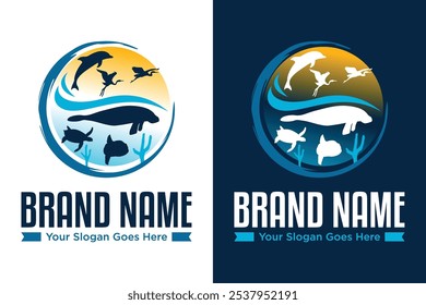 Meerestier Manatee Delfin Mola Fisch Schildkröte Storch Vogel Illustration Logo Design