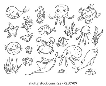 Sea animal marine underwater doodle line art style isolated set. Vector graphic design element illustration
