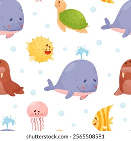 Sea Animal and Marine Underwater Swimming Creature seamless Pattern Vector Template