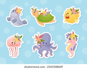 Sea Animal and Marine Underwater Swimming Creature with Flowers Vector Set