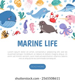 Sea Animal and Marine Underwater Swimming Creature Banner Design Vector Template