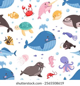 Sea Animal and Marine Underwater Swimming Creature Seamless Pattern Vector Template