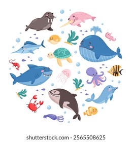 Sea Animal and Marine Underwater Swimming Creature Round Composition Vector Template