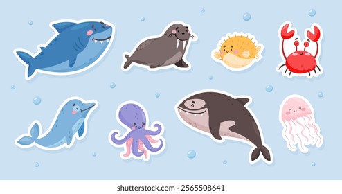 Sea Animal and Marine Underwater Swimming Cartoon Creature Vector Set