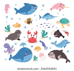 Sea Animal and Marine Underwater Swimming Creature Vector Set