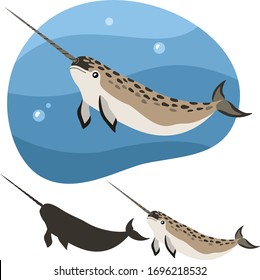 Sea animal narwhal on a background of blue water, silhouette and isolated on a white background