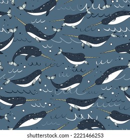 Sea animal narwhal vector seamless pattern.