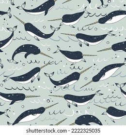 Sea animal narwhal vector seamless pattern.