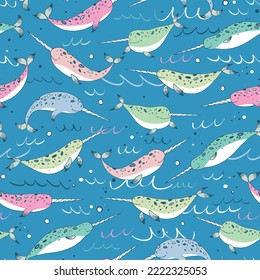 Sea animal narwhal vector seamless pattern.