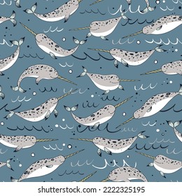 Sea animal narwhal vector seamless pattern.