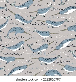 Sea animal narwhal vector seamless pattern.