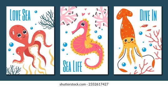 El océano de animales marinos lindo bajo los volantes de agua concepto aislado. Ilustración del diseño gráfico del vector
