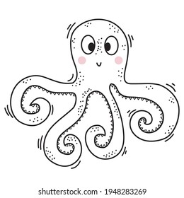 The sea animal is an octopus. Cute decorative underwater character with eyes and a smile. Vector illustration isolated on white background. Line, sketch, outline