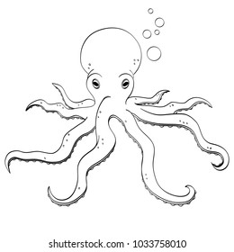 Sea animal, octopus. Inhabitant of the depths of the ocean. Illustration, object on white background. Coloring book