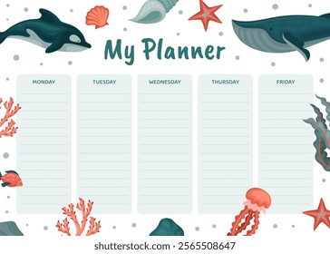 Sea Animal Planner Design with Marine Underwater Swimming Creature Vector Template