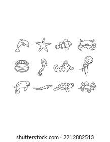 Sea animal related icons fish, seaweed, seashell and stones silhouettes isolated on white background. Perfect for coloring book, textiles, icon, web, painting, books, t-shirt print.  