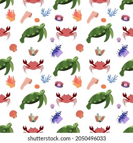 Sea animal seamless pattern with crab and turtle, seashell. Undersea world habitants print. Hand drawn underwater life vector illustration. Funny cartoon marine animals