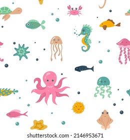 Sea animal seamless pattern. Cute cartoon monsters of the deep. Save the ocean background. Vector illustration