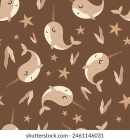 Sea animal seamless pattern in flat style. Narwhal digital paper. Ocean scrapbook paper, background, print. Hand drawn vector pattern