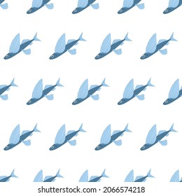 Sea animal seamless pattern with flying fish. Undersea world habitants print. Hand drawn underwater life vector illustration. Funny cartoon marine animals character for kid fabric, textile.