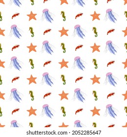 Sea animal seamless pattern with jellyfish, seahorse and shrimp, starfish. Undersea world habitants print. Hand drawn underwater life vector illustration. Funny cartoon marine animals character