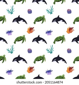 Sea animal seamless pattern with killer whale, turtle, corals and sea anemone. Undersea world habitants print. Hand drawn underwater life vector illustration. Funny cartoon marine animals