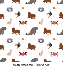 Sea animal seamless pattern with manatees, crad and seashell, pearl and fur seal. Undersea world habitants print. Hand drawn underwater life vector illustration. Funny cartoon marine animals character