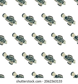Patrón marino sin soldadura con peces mandarina. Impresión de hábitats submarinos mundiales. Ilustración del vector de vida subacuática dibujada a mano. Caricatura divertida de animales marinos para tela de niños, textiles.