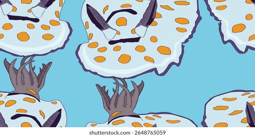 Sea animal seamless pattern with nudibranch. Undersea world habitants print. Hand drawn underwater life vector illustration. Cartoon marine animals character for kid fabric, textile.