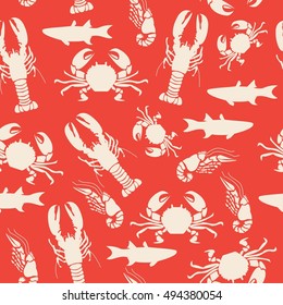 Sea animal seamless pattern retro background with crab, lobster, prawn and fish