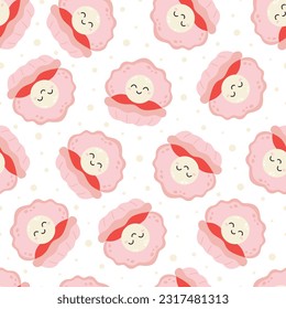 sea animal seamless pattern with shell and pearl, undersea world habitants print, flat vector illustration, funny cartoon marine animals character